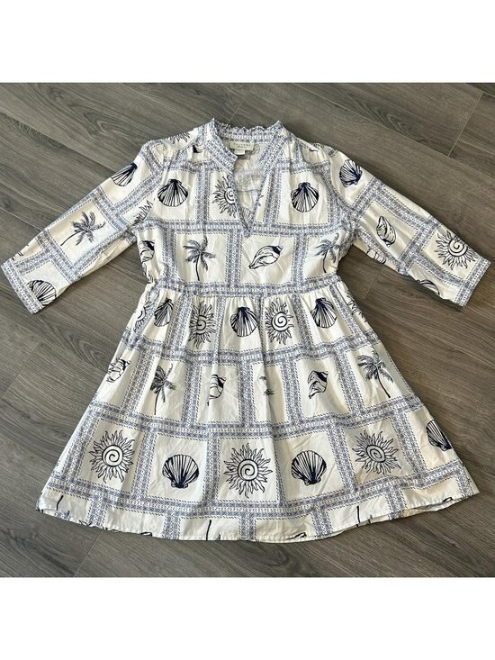 Calypso St. Barth Dresses & Skirts - Calypso St. Barth Dress Womens L White Blue Seashell Coastal Palm Tropical Beach